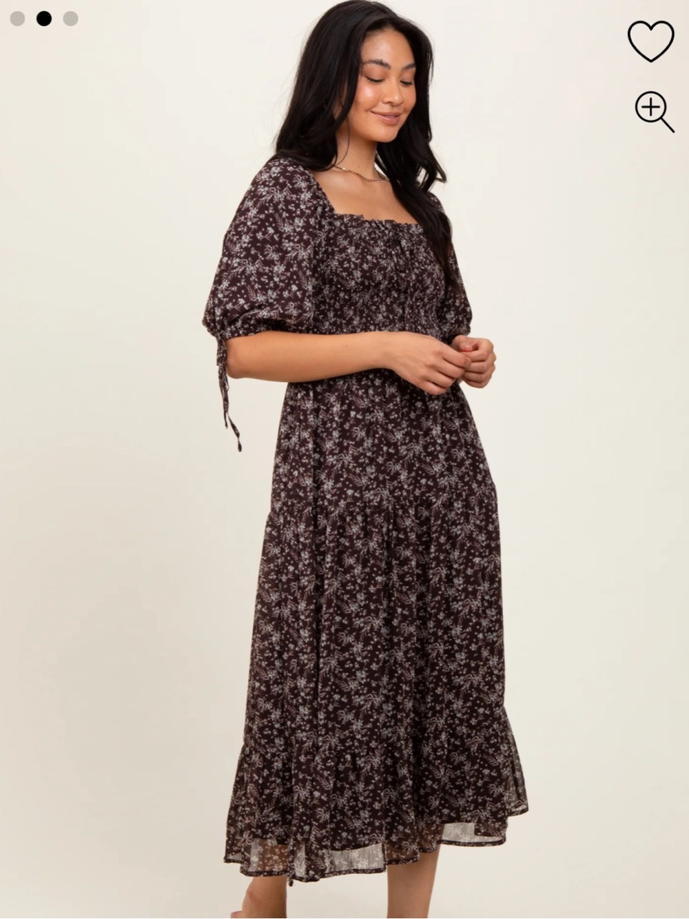 Pinkblush Dark Brown Floral Smocked Sleeve Tie Midi Dress - Picture 2 of 3